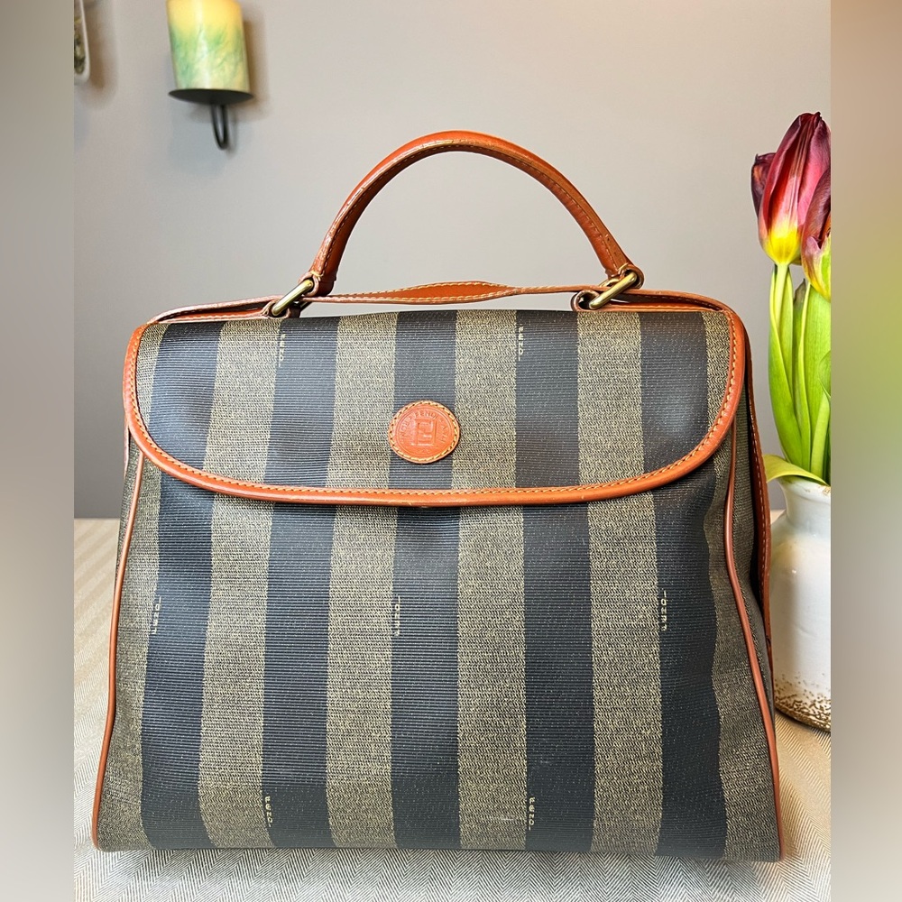 Fendi Black and Brown Striped Leather-Trim Top-Handle Satchel